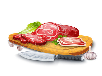 牛肉屠宰肉牛排切碎培根木板上用菜刀大蒜矢量插图插画