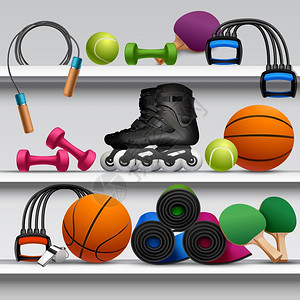 餐正试营业体育商店货架与健身设备球球拍矢量插图插画