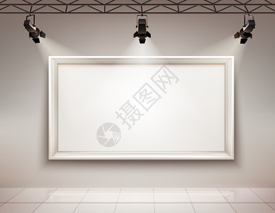 挂式相框对话框画廊房间内部与空白相框照明与聚光灯现实的三维矢量插图插画
