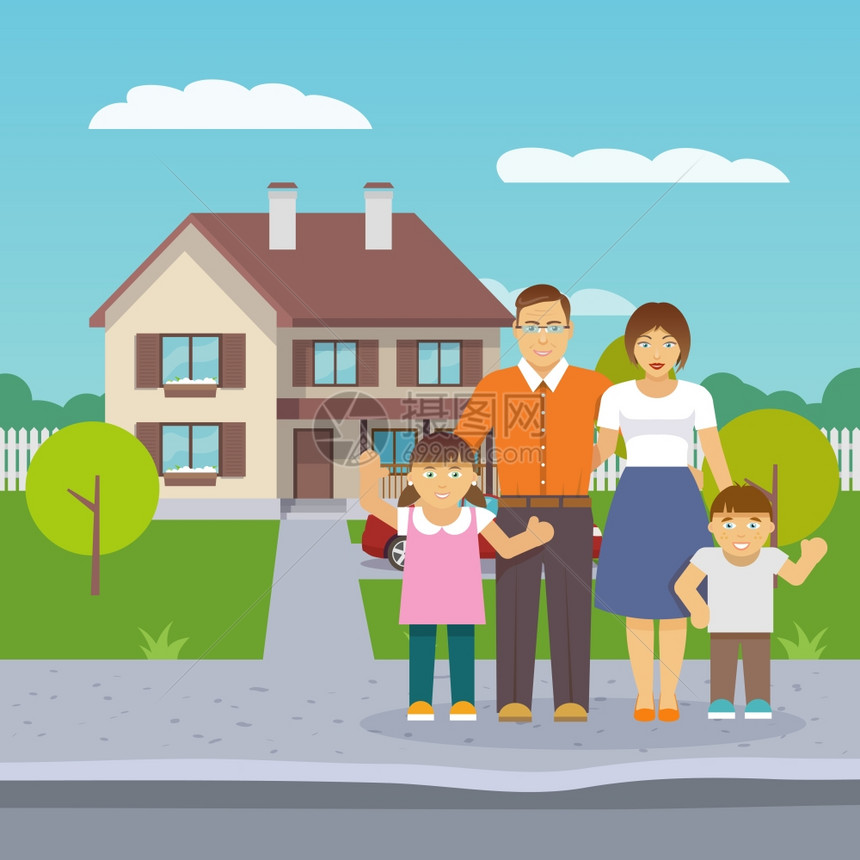 幸福的家庭与父母男孩女孩房子前的平矢量插图图片