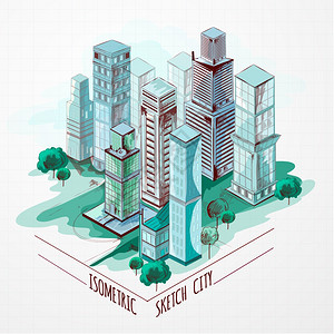 等距素描现代城市中心建筑都市景观彩色矢量图图片