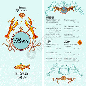 海鲜餐厅菜单卡模板与优质鱼菜矢量插图背景图片