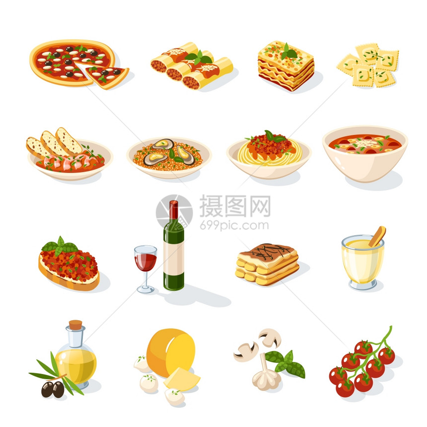 意大利食品与比萨饼,意大利,奶酪,番茄分离矢量插图图片