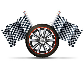 赛车格子旗现实的汽车车轮与赛车运动矢量插图插画