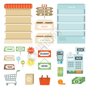 超市元素货架打开标志隔离矢量插图超市元素集图片