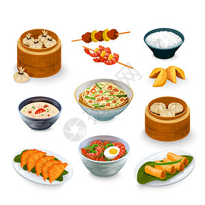 塞满亚洲食品装饰图标财富饼干孤立矢量插图亚洲食品套装插画