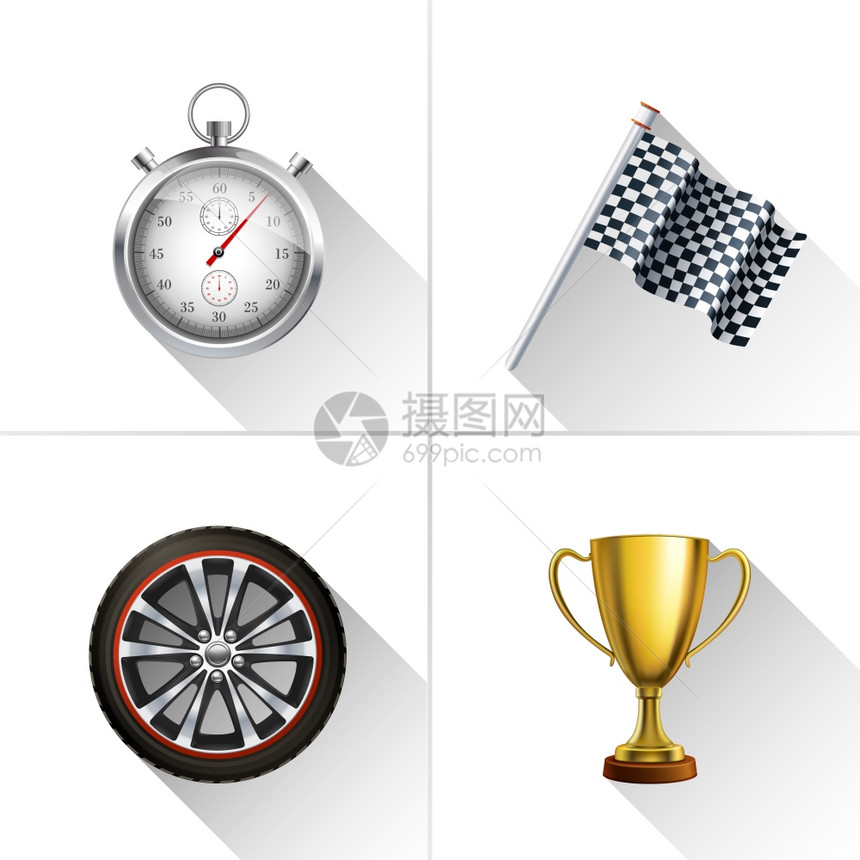 赛车装饰图标与现实的秒表旗轮奖杯杯隔离矢量插图图片