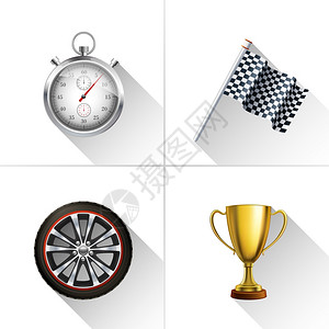 轮胎装饰赛车装饰图标与现实的秒表旗轮奖杯杯隔离矢量插图插画