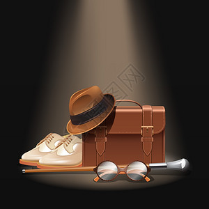 绅士配件与现实公文包,鞋,保龄球,帽子棒眼镜矢量插图图片