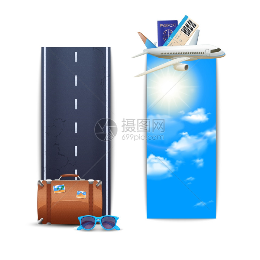 旅行横幅垂直与现实的手提箱飞机矢量插图图片