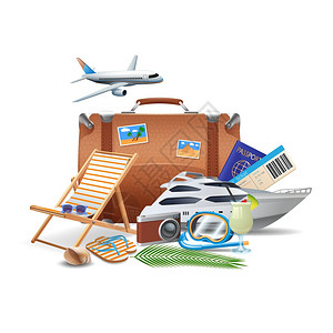 票护照尺寸照片旅游旅游与现实的手提箱游艇飞机鸡尾酒矢量插图旅游旅游插画
