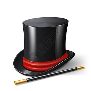 写实魔术师帽子与魔术棒娱乐活动节目配件隔离白色背景矢量插图图片