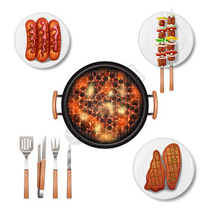 烧烤烤架装饰图标与现实的食物孤立矢量插图图片