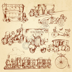 老式自行车老式运输蒸汽朋克车辆草图装饰图标矢量插图老式运输草图插画