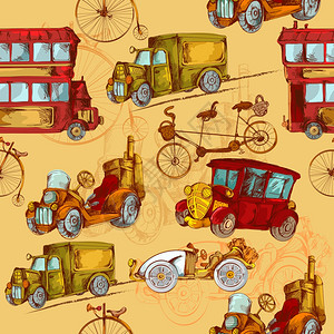 危化品车辆老式运输蒸汽朋克汽车自行车运输彩色无缝图案矢量插图老式运输无缝插画