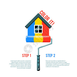 房子图标画三种颜色与油漆辊房子改进标志矢量插图油漆屋图标背景图片