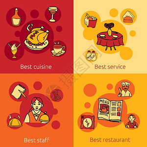 最佳餐厅服务理念4平图标合与员工美食水抽象矢量插图餐厅4平图标图片