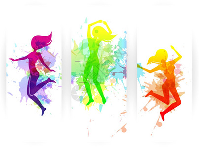 快乐跳跃的人剪影彩色垂直纸横幅矢量插图跳跃的人横幅图片