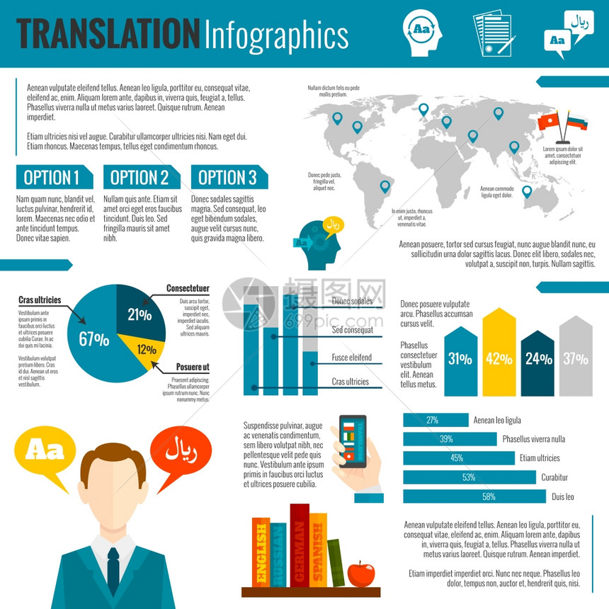 翻译外语解释世界范围的电子词典,选项,偏好,图表报告,抽象向量插图翻译字典信息图表报告打印图片