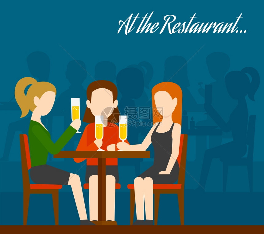 三个轻女孩坐桌子上喝香槟,背景朋友餐厅平矢量插图中会时的剪影朋友们餐馆见图片
