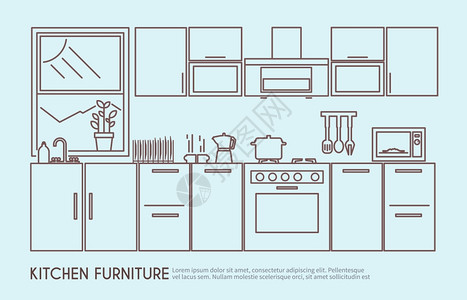 现代厨房家具室内与器皿装饰轮廓矢量插图厨房家具插图高清图片