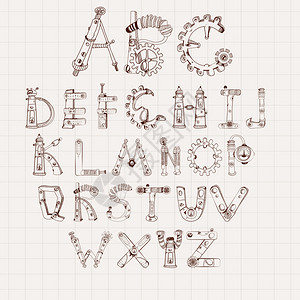 机械字母表轮ABC字母方格纸背景矢量插图上机械字母表集图片