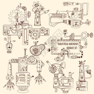 工业机器发动机机器人涂鸦了矢量插图工业机器涂鸦图片