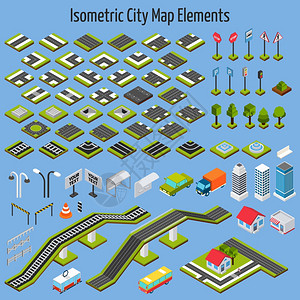 等距城市道路房屋建设要素孤立矢量图等距城市元素图片