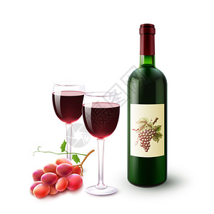 红色葡萄现实的红酒瓶眼镜葡萄枝集矢量插图红酒瓶璃杯葡萄插画