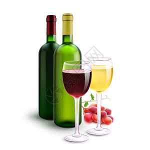 白罗莎葡萄红色白色写实酒瓶眼镜葡萄矢量插图红葡萄酒白葡萄酒插画