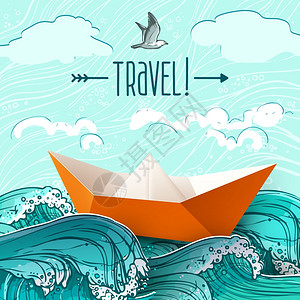 折纸船上手绘海浪矢量插图波浪上的纸船背景图片