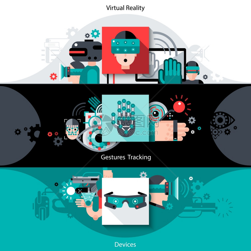 虚拟增强现实水平横幅与跟踪手势设备元素矢量插图虚拟增强现实横幅图片