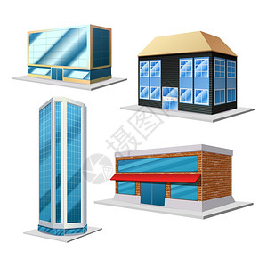 建筑三维装饰集与四个同的现代房屋隔离白色背景孤立矢量插图建筑装饰装置图片