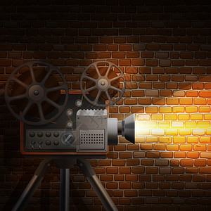 照相机墙复古电影壁纸与现实投影仪聚光灯砖墙背景矢量插图复古电影背景插画