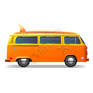 康费蒂橙色复古巴士与冲浪板现实隔离白色背景矢量插图冲浪巴士现实插画