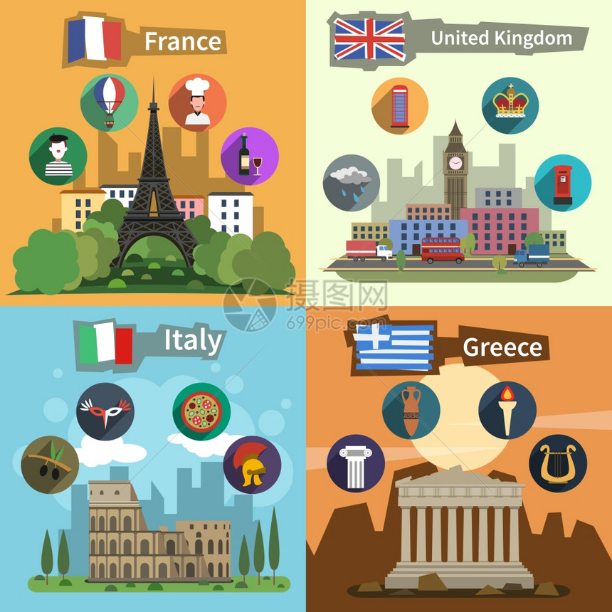历史地标观光旅游希腊,法国,英国意大利平图标,构图,海报,抽象矢量插图历史地标平构图海报图片