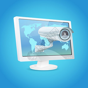 视频监控系统监控摄像机监控全球安全矢量插图监控摄像头监视器插画