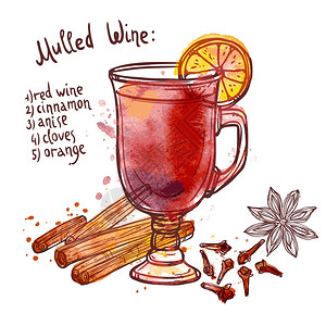 五香辣椒面覆盖葡萄酒与杯饮料手绘配料矢量插图覆盖的酒套插画