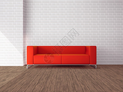 白色木地板室内逼真的红色沙发,木地板白色砖墙矢量插图房间里的红色沙发插画