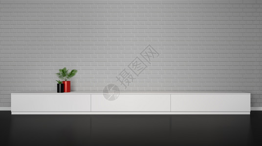 简约的内部与白色橱柜桌子植物锅砖墙矢量插图简约的内部与橱柜桌子与植物图片