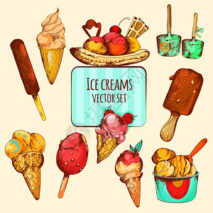 冰淇淋品种素描彩色装饰图标矢量插图冰淇淋素描彩色图片