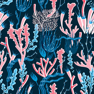 剪贴簿纺品彩色深海珊瑚海藻无缝图案平矢量插图珊瑚无缝图案插画