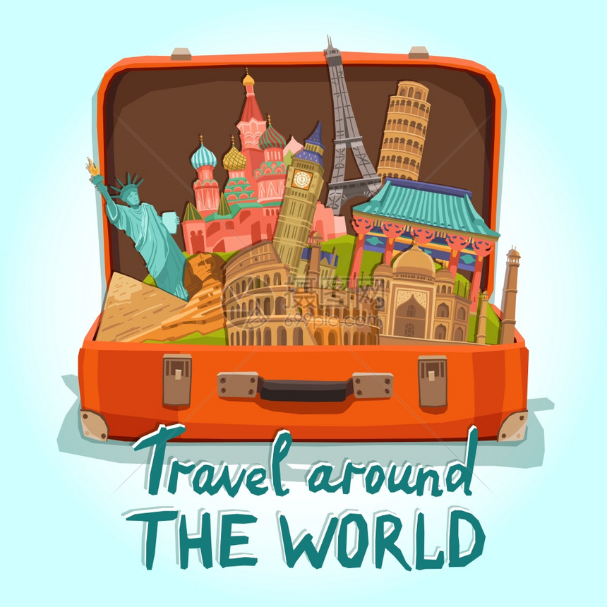 开放旅游手提箱与世界遗产国际地标矢量插图旅游手提箱插图图片