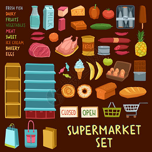 乌斯特超市图标鱼,乳制品,肉类,包店,水果,蔬菜,冰淇淋,购物车,篮子,矢量插图超市图标插画