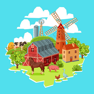 农场五彩与谷仓风车,牛,鹅,鸡,干草堆,树木矢量插图农场五彩的背景图片