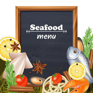 海鲜餐厅菜单模板与黑板鱼美味矢量插图海鲜菜单模板高清图片