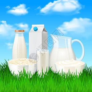 牛奶酸奶油产品草地背景矢量插图牛奶产品插图图片