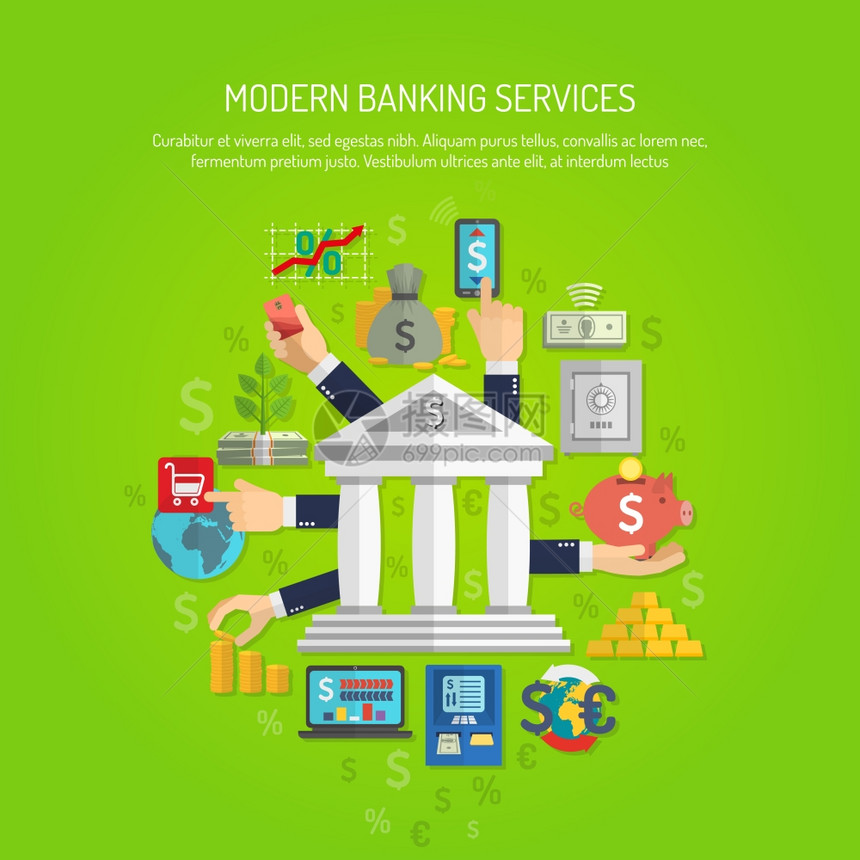 银行服务与人的手平金融图标矢量插图银行扁平化图片