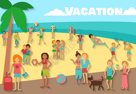 人们海滩上避暑度假活动背景矢量插图海滩背景的人图片