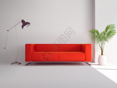 现实的红色沙发与落地灯棕榈树锅内矢量插图红色沙发,灯棕榈树图片